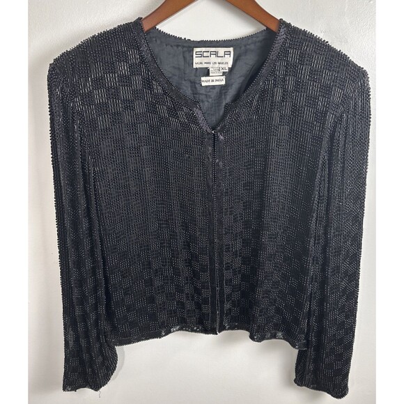 Vintage Scala Silk Sequin Beaded Embellished Evening Long Sleeve Jacket Black XL - Picture 1 of 13